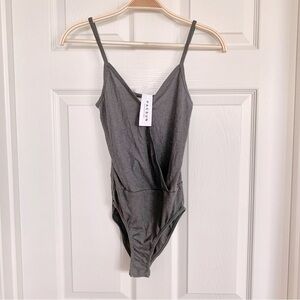 Dark Grey Ribbed Surplice Bodysuit One-Piece